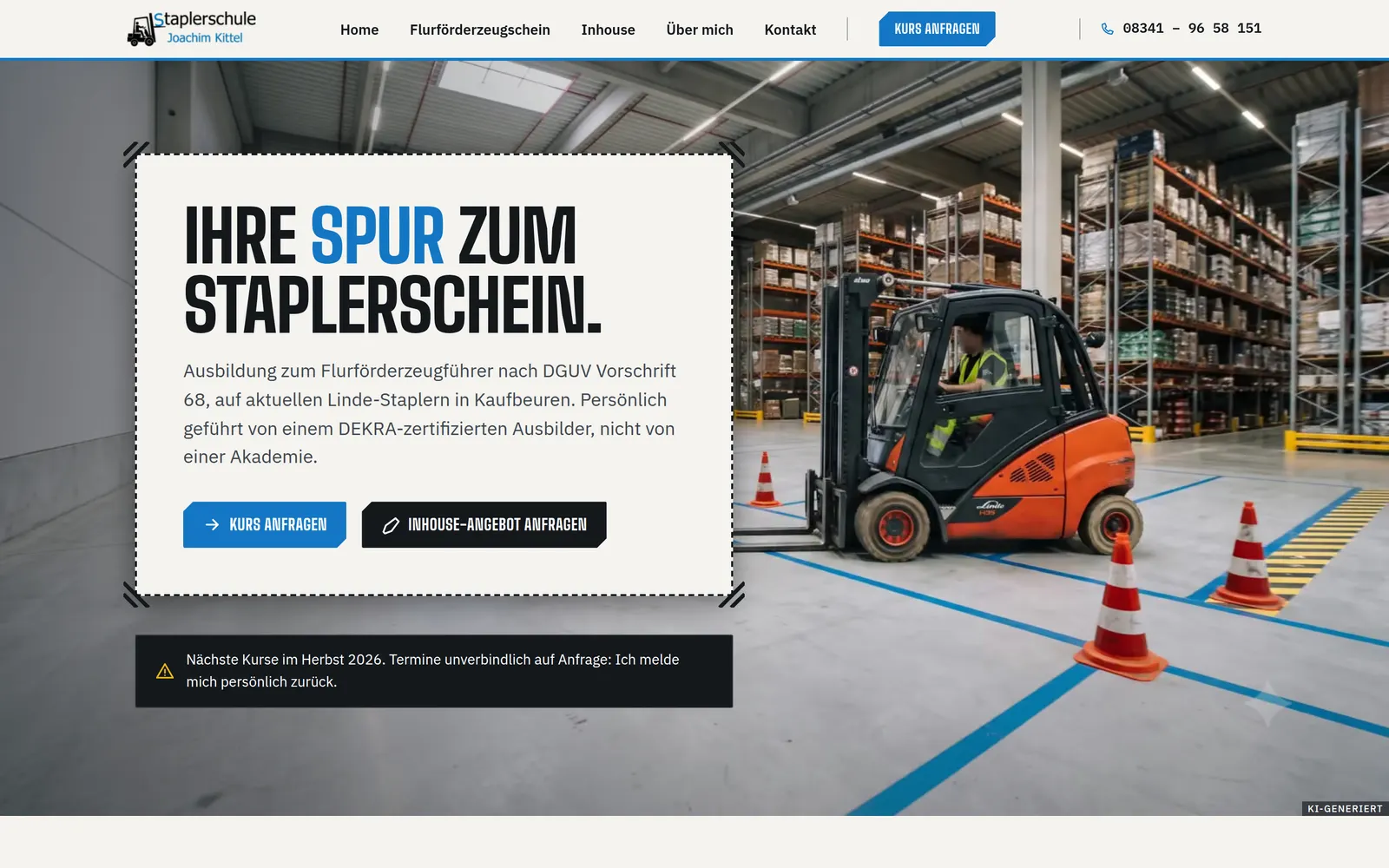Home page with hero, course offer and an editable notice